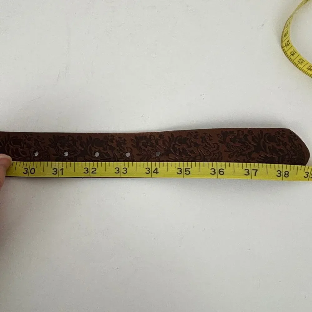 Hand Tooled Brown Leather Belt Brass Buckle Boho Western Country 30.25